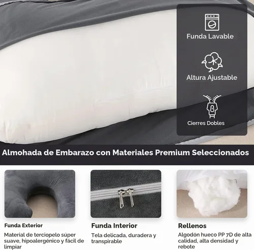 Vista 6 de BATTOP Almohadas de embarazo para dormir, almohada de maternidad de cuerpo completo para dormir de lado, soporte para espalda, piernas, vientre Negro