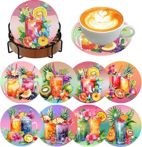 Vista 10 de Meothan Juego de 8 posavasos de arte de diamante para adultos con soporte, almohadillas de corcho, posavasos de arte de puntos de diamante de vidrio