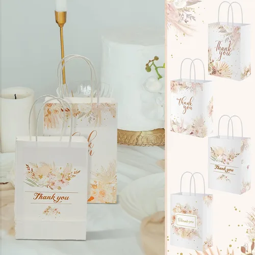 Vista 6 de 16 bolsas de regalo de agradecimiento con diseño floral de 6 x 3 x 8 pulgadas, pequeñas bolsas de papel con asas, bolsas de regalo bohemias