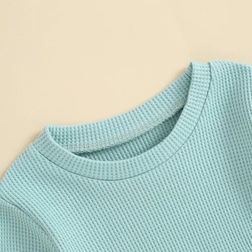 Vista 3 de KOSUSANILL Ropa deportiva de punto gofre para bebé, niña, niño, 6, 12, 18, 24 meses, 3T, cuello redondo, pantalones deportivos para otoño e invierno
