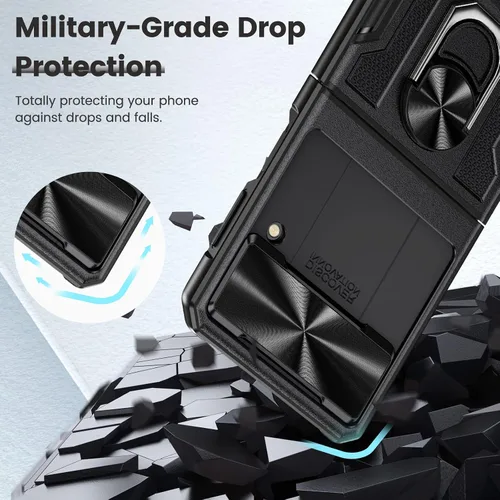 Vista 7 de Caka Funda para Samsung Galaxy Z Flip 3 con soporte, funda para cámara y protección de bisagra con soporte de anillo giratorio de 360° integrado