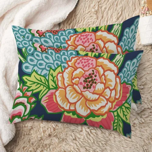 Vista 51 de Juego de 2 almohadas coloridas de estilo chinoiserie, color rosa intenso, azul real, peonía, floral, blanco, lino, estilo chinoiserie, para sofá