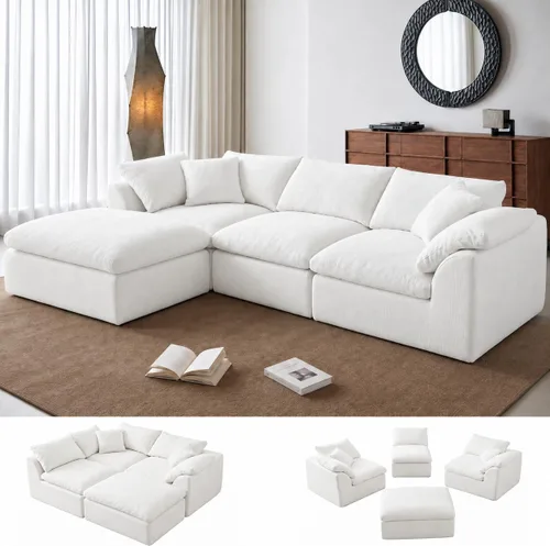 Vista 19 de Sofá modular de nube sin hueso de 110 pulgadas para sala de estar, sofá modular en forma de L de gran tamaño con otomana, sofá seccional de felpilla