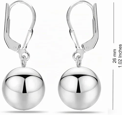 Vista 3 de LeCalla Pendientes de bola colgante de plata de ley para mujer, ligeros, clásicos, con cierre de palanca, aretes de cuentas redondas colgantes