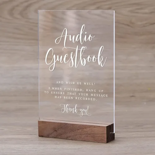 Vista 4 de Letrero de libro de invitados de audio para boda con soporte de madera - 5" x 7" aspecto de cristal transparente, letrero de libro de invitados