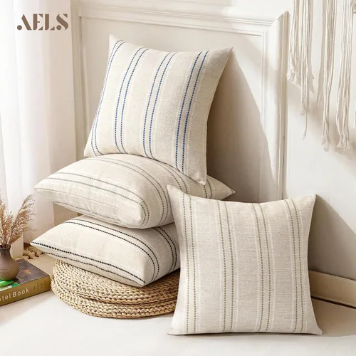 Vista 7 de AELS Fundas de Almohada Decorativas de Lino Estilo Granja de 16x16, Funda de Almohada con Textura Boho, Juego de 2, Beige con Rayas de Hilo Teñido