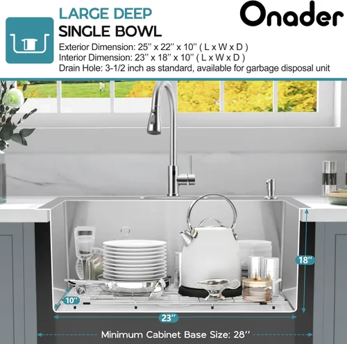 Vista 2 de Onader Fregadero de cocina de 25 x 22 pulgadas, acero inoxidable calibre 16 níquel cepillado, fregadero de cocina moderno con accesorios, 10