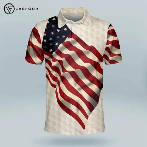 Vista 2 de LASFOUR Polo de golf divertido personalizado para hombre, con bandera americana, polo de golf orgulloso, patriótico 3D para hombre