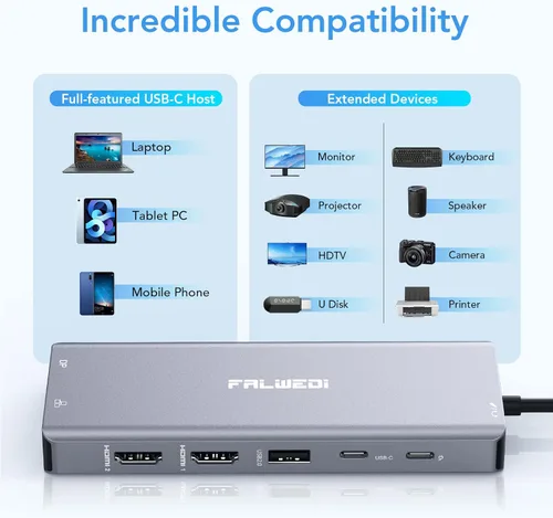 Vista 7 de Estación de acoplamiento para portátil con monitor doble, adaptador multipuerto USB C 14 en 1 con 2 HDMI, DisplayPort, Ethernet, SD/TF, puertos USB