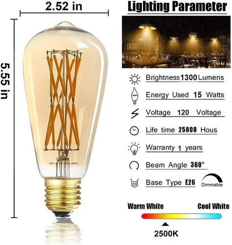 Vista 6 de Leools Bombilla LED Edison ámbar de 15 W, equivalente a 100 W, bombilla LED regulable de edición de 2500 K, blanco cálido, 1300 lm, base E26