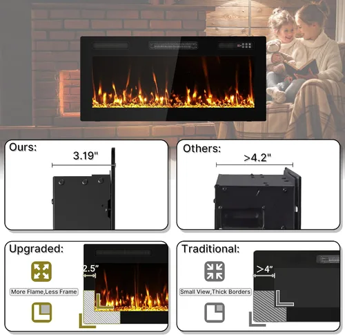 Vista 5 de Chimenea eléctrica ultrafina de 40 pulgadas montada en la pared, inserto de chimenea delgado, chimenea de pared para sala de estar/dormitorio