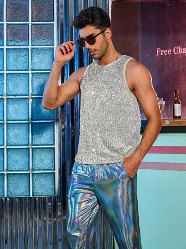 Vista 3 de WDIRARA Camiseta sin mangas con cuello redondo y lentejuelas para hombre