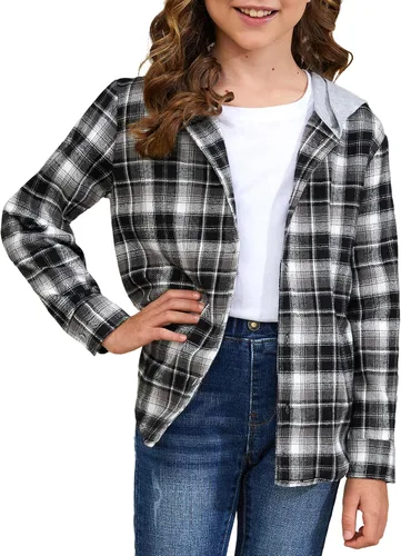 Vista 2 de HOOGRIN Camisas unisex de franela a cuadros para niño y niña, camisa de manga larga con capucha para niños de 5 a 12 años