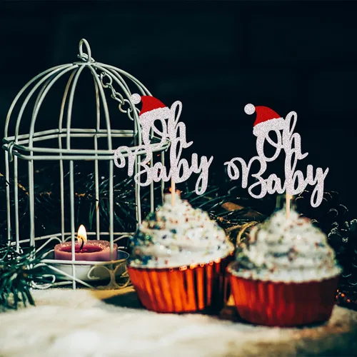 Vista 7 de Paquete de 24 Adornos Navideños Oh Baby para Cupcakes con Sombrero de Navidad con Purpurina, Palillos de Comida para Baby Shower para Niños y Niñas