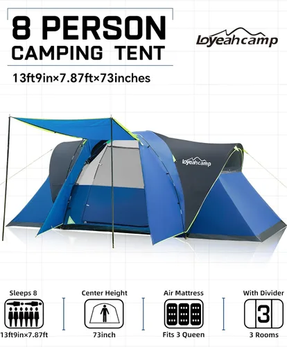 Vista 2 de LOYEAHCAMP Tienda de campaña de 8 personas con cúpula extendida más grande con 3 habitaciones, tienda de campaña familiar impermeable