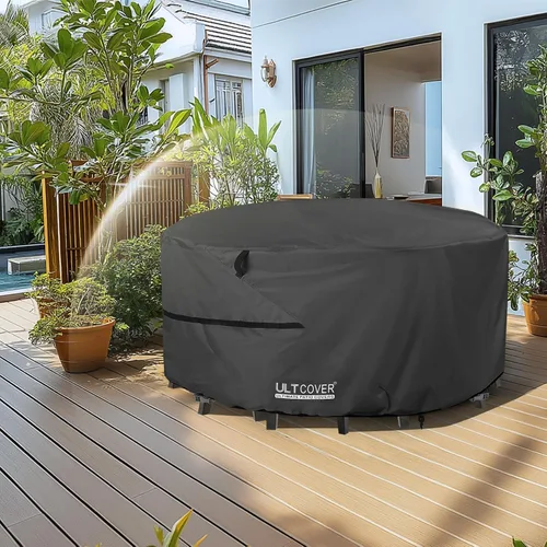 Vista 7 de ULTCOVER Funda redonda para muebles de patio, mesa impermeable al aire libre con funda para silla de 48 pulgadas, color negro