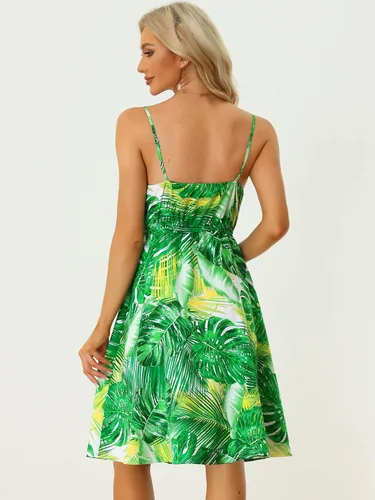 Vista 3 de Allegra K Vestido de tirantes con nudo para mujer, estampado tropical, sin mangas, con nudo frontal