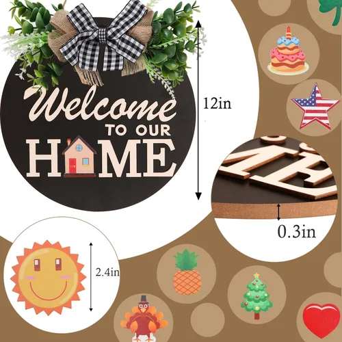 Vista 4 de Señal de bienvenida intercambiable para decoración de puerta delantera con 4 coronas de temporada y 14 iconos festivos, colgador de puerta de Negro
