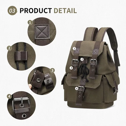 Vista 5 de Mochila de lona vintage para hombres y mujeres, mochila casual duradera, mochila de viaje de gran capacidad para senderismo y uso diario (verde)