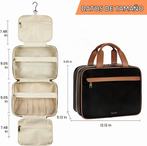 Vista 4 de Telena Neceser de viaje para mujer con gancho para colgar, resistente al negro con café