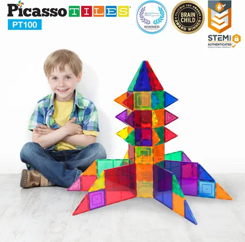 Vista 6 de PicassoTiles Figuras magnéticas + 100 azulejos magnéticos + 2 camiones de automóvil, juego de expansión de imán de acción de personajes de 8 piezas