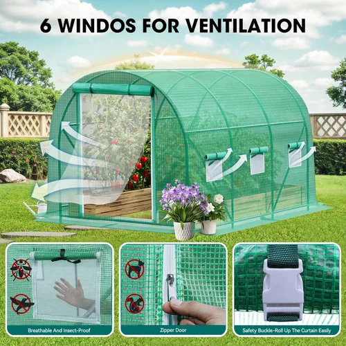 Vista 3 de Grezone Invernadero de Paso Mejorado Casa Verde con Puertas de Malla con Doble Cremallera y 6 Ventanas de Malla Plástico Resistente Casa Cálida