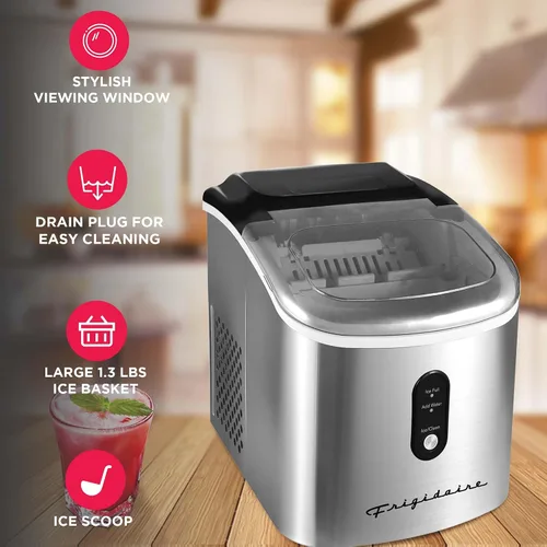 Vista 3 de Frigidaire Máquina para hacer hielo de acero inoxidable, resistente, hace 26 libras de hielo transparente por día, panel de control LED digital