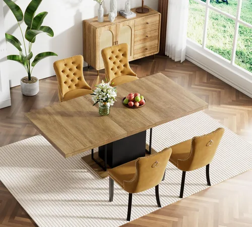 Vista 105 de Juego de mesa de comedor extensible marrón de 63 a 78.74 pulgadas para 4, juego de mesa de comedor de 5 piezas con 4 sillas, mesa de cocina