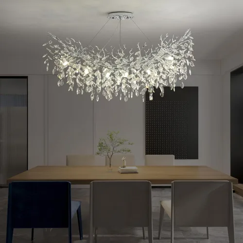 Vista 9 de Candelabro rectangular con ramas de árbol de cristal, L40 pulgadas, Mpdern de lujo cromado lineal Art Deco con forma de gota de lluvia para cocina