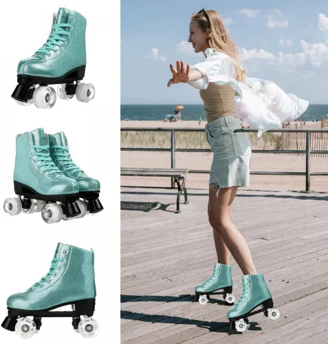 Vista 4 de XUDREZ Patines de ruedas para mujeres, patines de alta calidad holográficos de cuero de poliuretano, patines brillantes de doble fila de cuatro