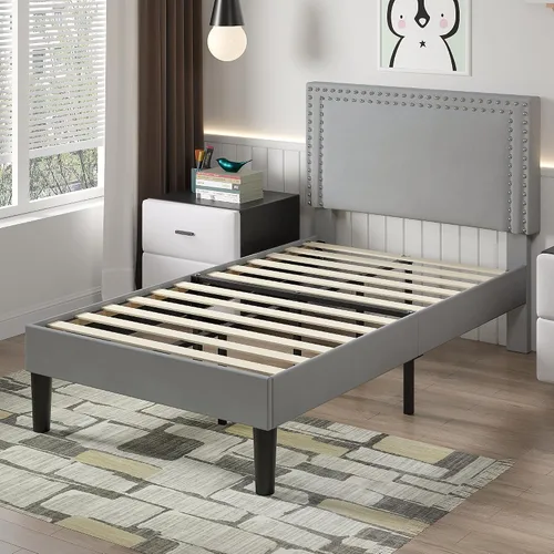 Vista 46 de VECELO Base de cama de plataforma de tamaño individual con cabecera tapizada de altura ajustable, base de colchón moderna, soporte de listones