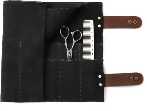 Vista 6 de Bolsa de tijeras de salón enrollable, 12 bolsillos de cuero genuino para estilista, soporte para tijeras de peluquería para peluquería Hj-ZP011-negro