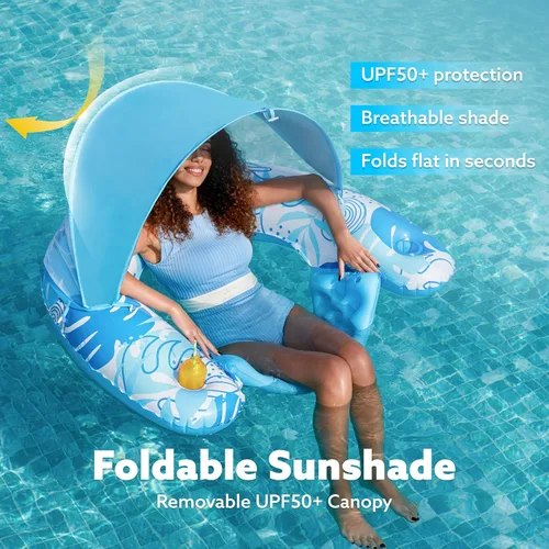 Vista 2 de SLOOSH Flotadores de piscina con dosel para adultos, sillas de piscina inflables XL con portavasos, silla flotante para adultos, flotadores