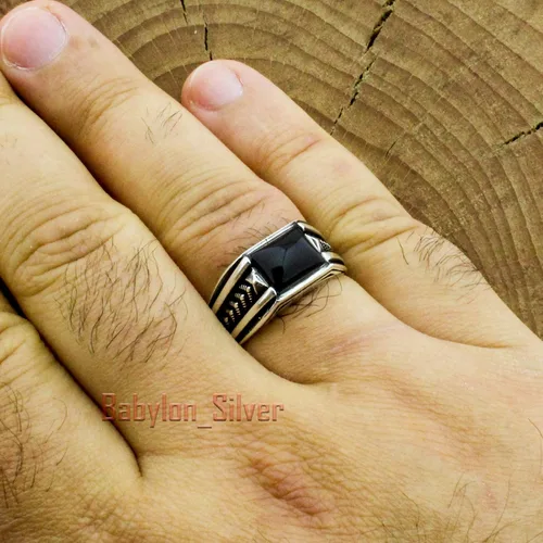 Vista 4 de Anillo de lujo de plata de ley 925 maciza auténtica, piedra de ónix negro
