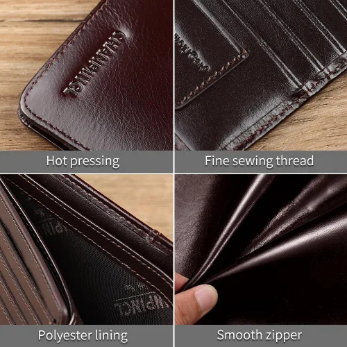 Vista 31 de Billetera de piel triple con bloqueo RFID para hombre con 2 ventanas de identificación, 2 compartimentos para efectivo, 6-8 ranuras para tarjetas