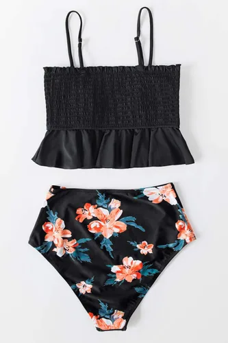 Vista 3 de CUPSHE - Traje de baño de dos piezas, de cintura alta y con estampado floral para mujer