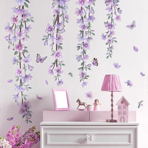 Vista 7 de Adhesivo de pared colgante, creativo, extraíble, DIY, de flores púrpuras y enredaderas, con algunas mariposas voladoras, adhesivo de vinilo