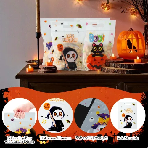 Vista 5 de Bolsas de celofán de Halloween, 40 piezas de plástico para Halloween, dulces, galletas, aperitivos, bolsa de sellado de regalo, bolsa a granel