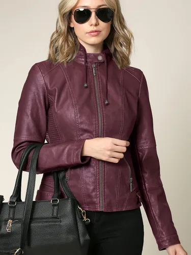 Vista 6 de Chaqueta Made By Johnny MBJ de piel sintética, estilo motociclista, con capucha, para mujer