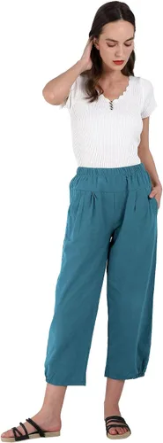 Vista 5 de utcoco Pantalones cortos harén para mujer, cintura elástica, casual, ajuste holgado, algodón y lino, capris con bolsillos