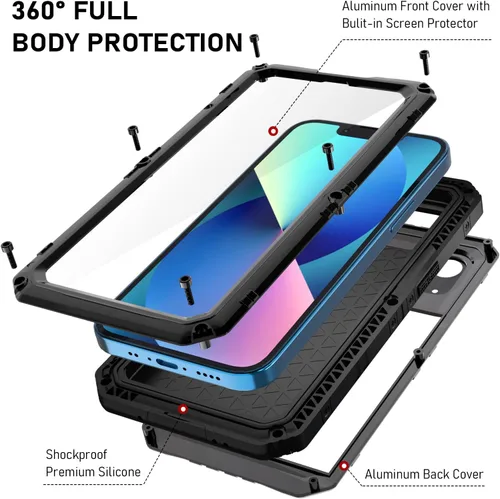 Vista 6 de Beasyjoy Funda impermeable para iPhone 13, funda de metal con protector de pantalla integrado, resistente protección de cuerpo completo, grado