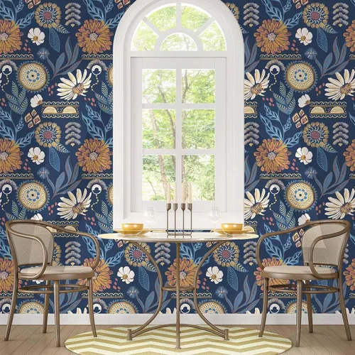 Vista 6 de Papel tapiz floral bohemio azul marino de 17.7 x 118 pulgadas