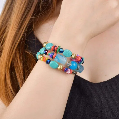 Vista 2 de QIAN0813 Pulseras bohemias de cuentas de ágata irregulares multicapa para mujer, pulseras vintage de piedra de jade para hombre, pulseras de yoga