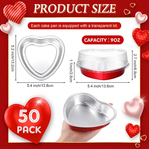 Vista 2 de Yinkin Juego de 50 moldes de aluminio con forma de corazón de 9 onzas con tapa, moldes desechables de papel de aluminio para cupcakes, moldes