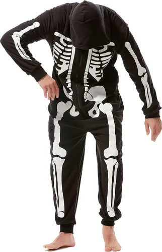 Vista 5 de Disfraz de esqueleto de Halloween para hombre adulto, overol unisex de felpa, acogedor disfraz de cosplay de una pieza para hombre