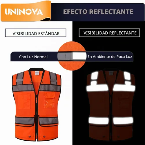 Vista 3 de Chaleco de seguridad reflectante para agrimensores para hombres, chaleco de seguridad de malla reflectante de clase 2 con bolsillos y cremallera