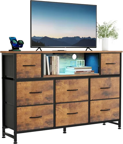 Vista 9 de DUMOS - Cómoda para TV con 8 cajones de tela, cómoda, color negro APP Control LED Lights and Type-C Charging Station, Fabric Storage Tower TV