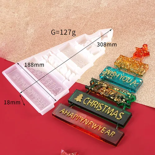 Vista 2 de Moldes de Navidad para resina, molde de resina 3D de letrero de Feliz Navidad, moldes de fundición epoxi para decoración de mesa de bricolaje
