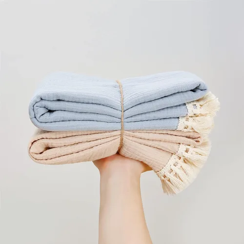 Vista 8 de Manta de muselina de algodón insular para bebé con borla, manta de muselina boho bohemia para bebé con borla, manta de recepción para bebé