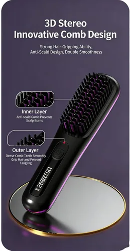 Vista 6 de Peine alisador de pelo inalámbrico, alisador y rizador de pelo de cerámica iónica portátil con pantalla LCD, plancha plana inalámbrica de 3 niveles